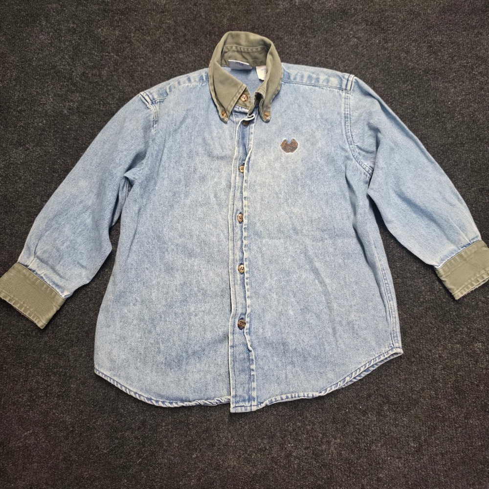 Kitestrings Boys Denim Button Down Shirt Light Wash Olive Contrast Size 5
